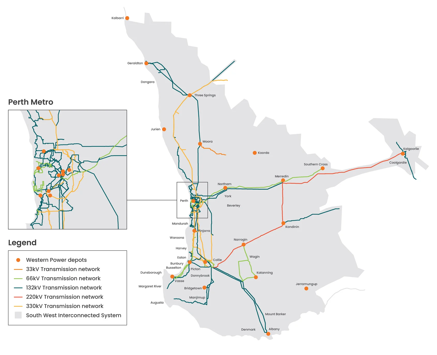 Map of the Wholesale Electricity Market showing isolated network in Western Australia